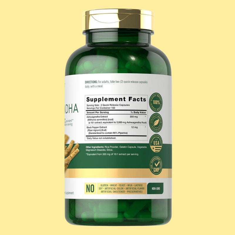 Carlyle Suplemento Ashwagandha para mujeres y hombres | 3000 mg | 300 cápsulas | Extracto de raíz de hierbas con pimienta negra | Sin OMG y sin gluten