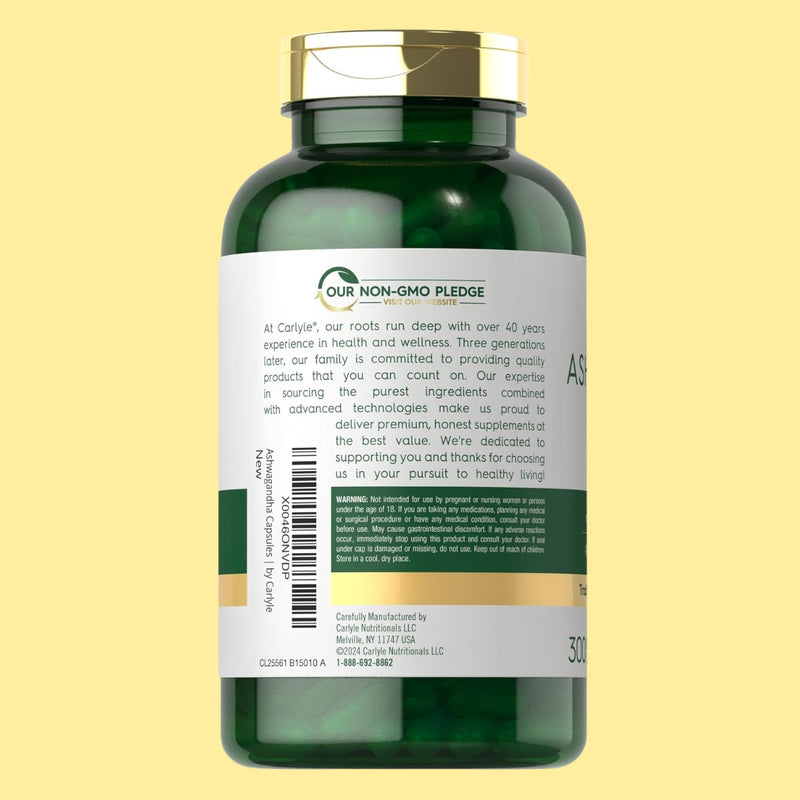 Carlyle Suplemento Ashwagandha para mujeres y hombres | 3000 mg | 300 cápsulas | Extracto de raíz de hierbas con pimienta negra | Sin OMG y sin gluten