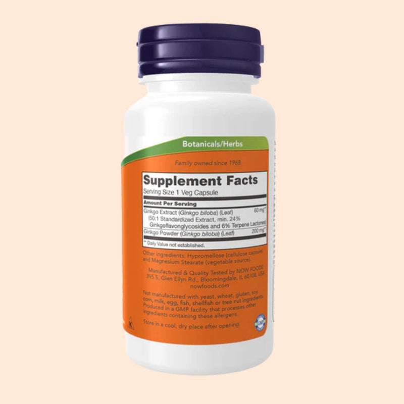 NOW Suplementos, Ginkgo Biloba 60 mg, proyecto verificado sin OMG, 50 cápsulas vegetales