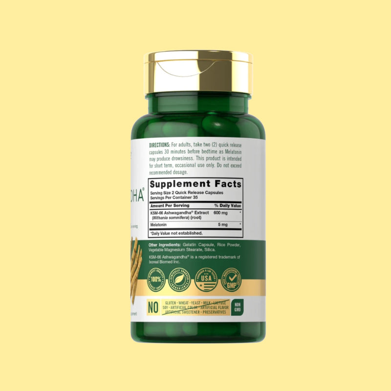 KSM-66 ASHWAGANDHA 600MG + Melatonina 5mg 70 CÁPSULAS- CARLYLE