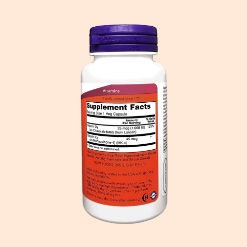 NOW Foods, Vitamina D3 y vitamina K2, 120 cápsulas vegetales