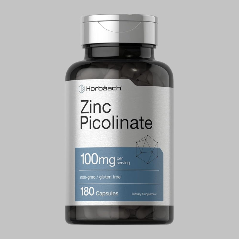 Horbäach Picolinato de zinc 100 mg | 180 cápsulas | Alta potencia | Sin OMG, sin gluten | Suplemento de zinc